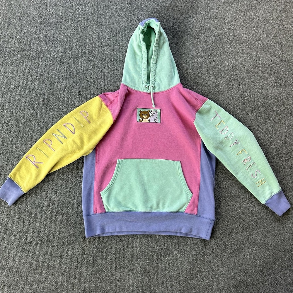 RIPNDIP X Teddy Fresh Hoodie Mens Medium Multicolor Colorblock Bear Cat Graphic